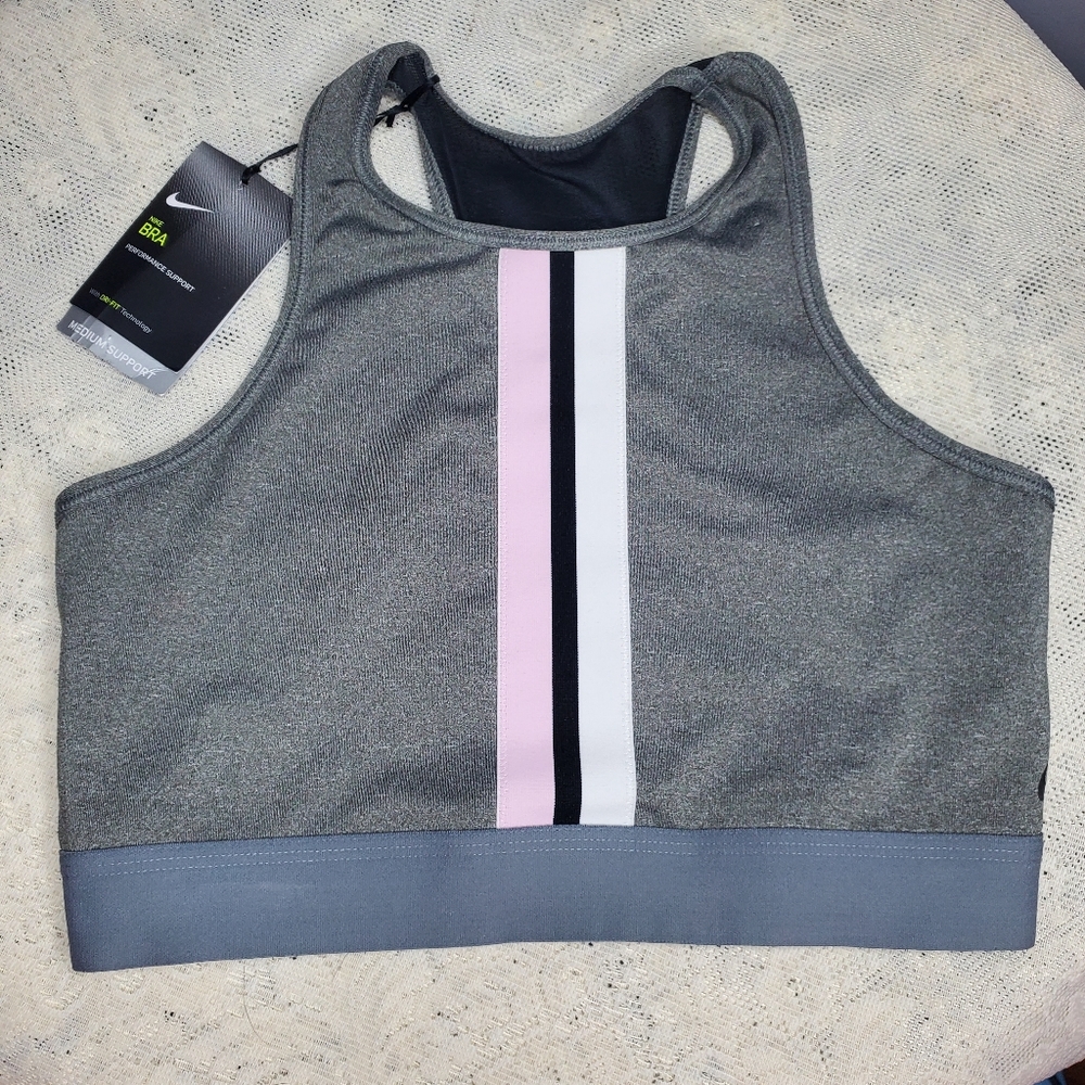 Nwt Nike high neck medium support sports bra mesh back size large gray‎ pink